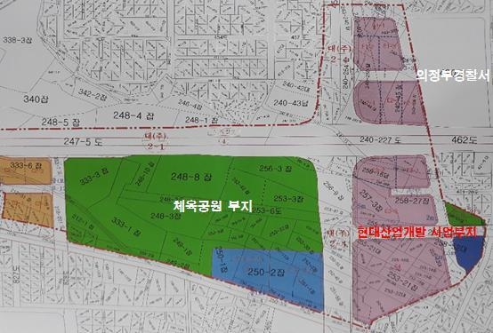 현대산업개발이 의정부시에 제출한 '캠프 라과디아지구' 지구단위계획 변경안 도면 (사진설명)