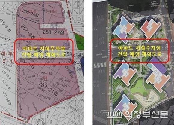 도시개발계획으로 결정된 현대산업개발 사업부지 토지이용계획도(왼쪽) 및 주상복합아파트 배치도(오른쪽)