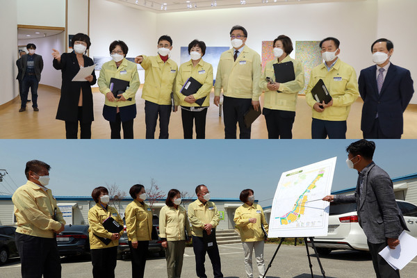 의정부시의회 자치·행정위원회(위) 및 도시·건설위원회(아래) 소속 의원들이 4월 20일~21일 양일간에 걸쳐 관내 주요 공공시설 및 사업장을 방문해 현장점검을 실시했다.(사진설명)