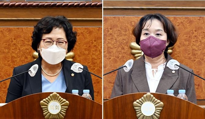 의정부시의회 제9대 전반기 최정희 의장(왼쪽, 민주당)과 김현주 부의장(오른쪽, 국민의힘)