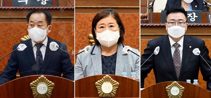왼쪽으로부터 제9대 전반기 자치행정위원장 김연균 의원, 도시건설위원장 이계옥 의원, 운영위원장 김태은 의원
