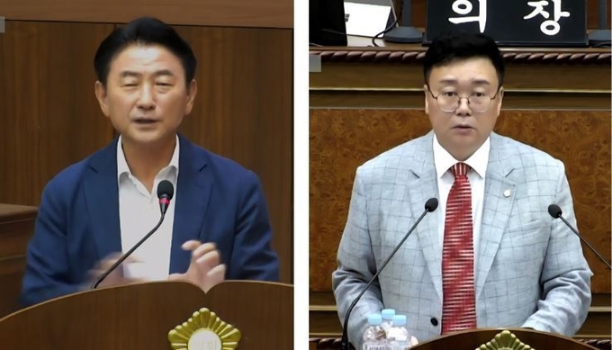 김태은 의정부시의원(오른쪽)이 지난 5일 김동근 의정부시장(왼쪽)을 상대로 시정질의하고 있다.(사진설명)